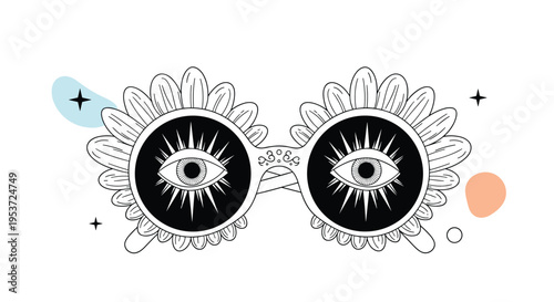 A whimsical, esoteric line art illustration of a pair of sunglasses shaped like daisies with all-seeing eyes in the lenses.