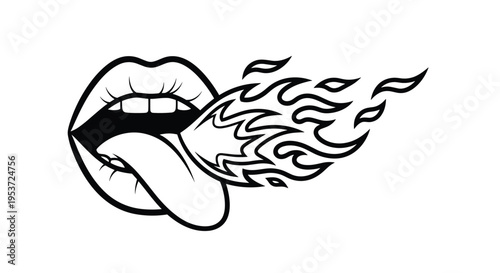 An edgy black and white tattoo-style illustration of an open mouth with its tongue out, breathing stylized cartoon flames.