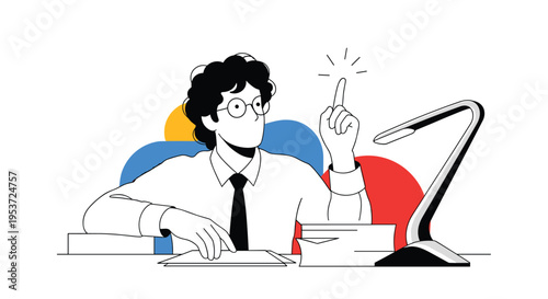 A clever businessman in glasses sitting at his desk has a brilliant idea, pointing his finger up with a sparkle icon above his head.