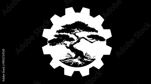 A monochrome emblem featuring a bonsai tree framed by a cogwheel on a black background