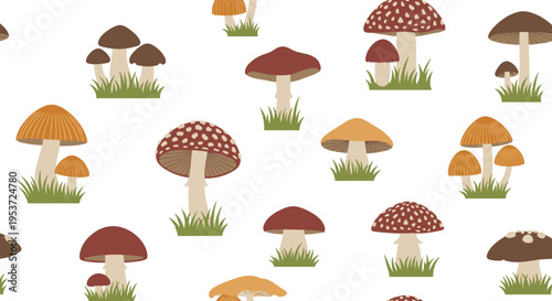 A simple and clean seamless pattern featuring various types of colorful pixel art style mushrooms on a plain white background for textiles.