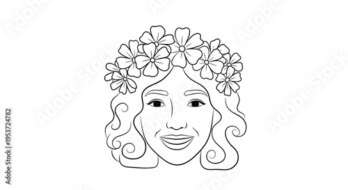A simple black and white line art coloring page illustration of a smiling woman with curly hair wearing a beautiful floral crown.