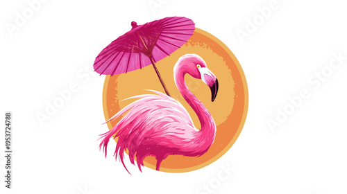 A vibrant illustration features a pink flamingo beneath a parasol in front of an orange sun-like shape