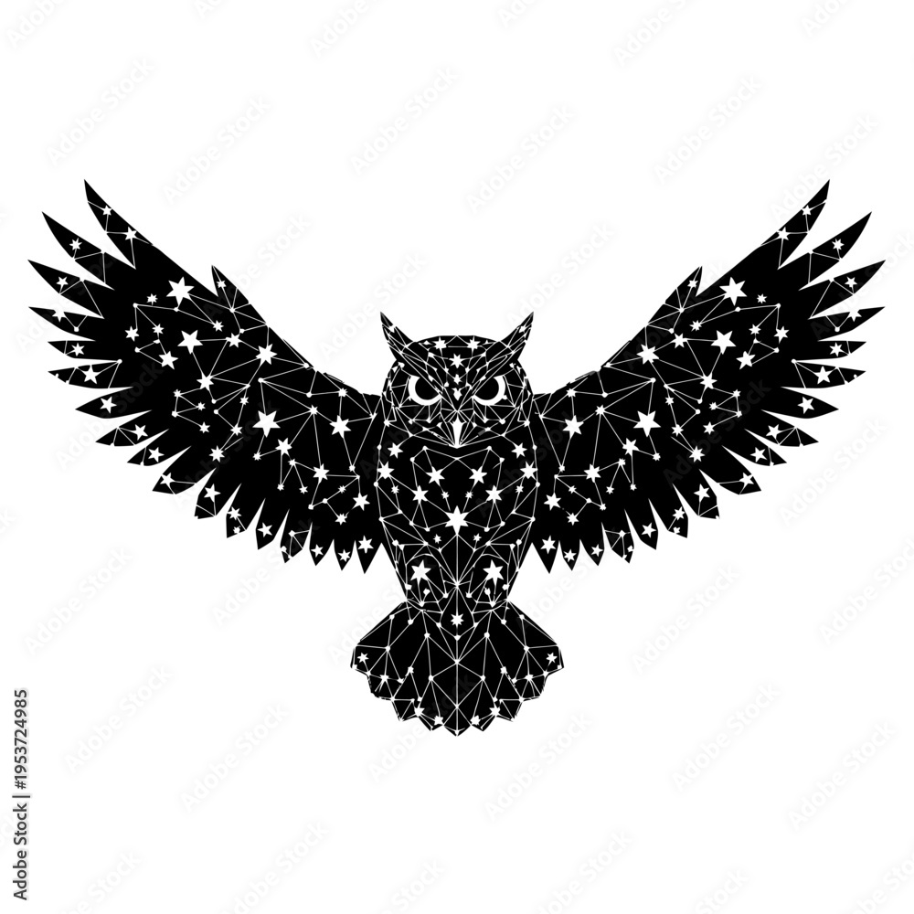 Fototapeta premium Cosmic Owl Silhouette with Stars and Constellations, Wing Spread
