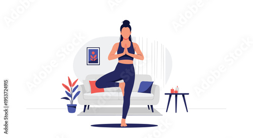 A woman practicing yoga in the tree pose in her living room, promoting a healthy lifestyle, mindfulness, and at-home fitness.