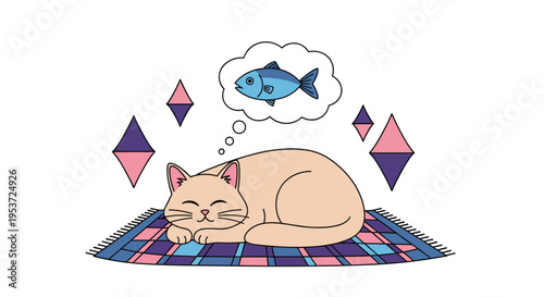 A cute cartoon cat sleeping peacefully on a colorful rug, dreaming of a delicious fish inside a thought bubble on white background.
