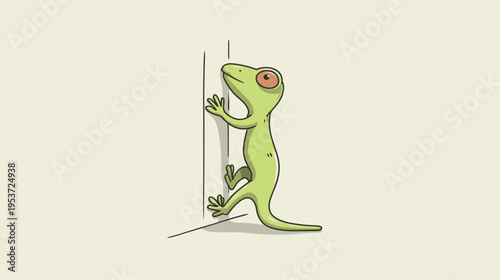A cartoon-style green lizard clings to a wall. Its eyes are brown, and the wall is beige
