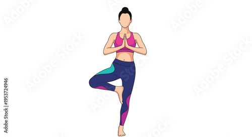 A woman in colorful athletic wear stands in the yoga tree pose, isolated on a white background for fitness and wellness concepts.
