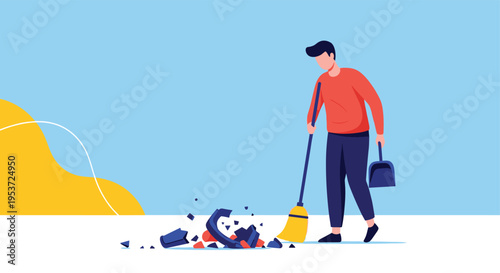 A man sweeping up broken pieces of a large, shattered heart-shaped object, symbolizing the end of a relationship or failure.