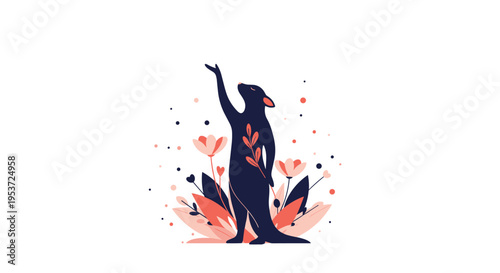 A graceful silhouette of a meerkat standing among stylized pink flowers, illustrated in a modern and artistic flat design style.