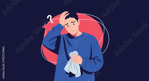 A confused and stressed young man with a question mark, holding an ice pack to his head, indicating a headache or confusion.