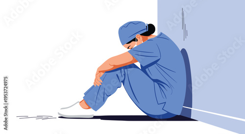 A tired and overworked female doctor or nurse in scrubs sitting on the floor, exhausted from the pressures of healthcare work.