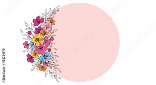 A lovely circular frame with a soft pink background, adorned with a colorful floral bouquet and sketched leaves on one side.