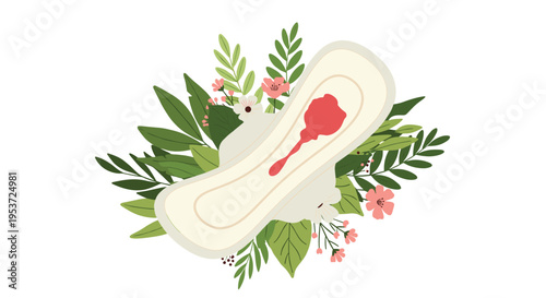 A sanitary pad with a spot of blood, surrounded by beautiful green leaves and flowers, normalizing the topic of menstruation.