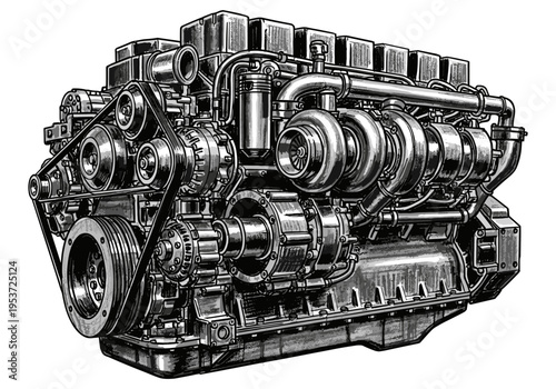 Detailed illustration of a powerful V12 twin-turbocharged diesel engine with intricate mechanical components