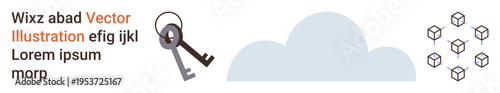 Digital security, cloud storage, data privacy, access control, virtual network, technology. Keys unlocking a cloud and connected cubes. Cloud storage and data privacy visualization