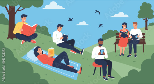 People reading books in summer park, men and women enjoying literature outdoors
