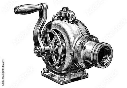 Vintage hand crank pump illustration with detailed metal and wood components on a white background