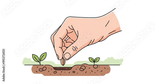 Hand Planting Seed in Soil with Seedlings Illustration.