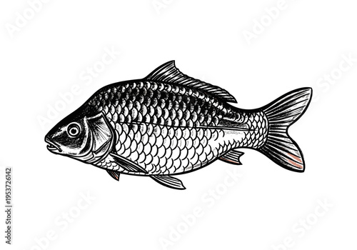 Detailed illustration of a carp fish with scales and fins, isolated on white background