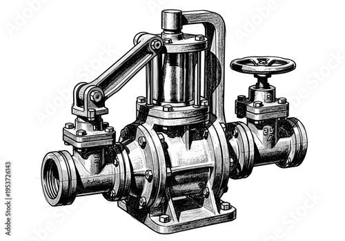 Detailed illustration of a vintage industrial pump with a handwheel valve and lever mechanism