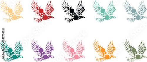Flying Bird Circle Pattern White Background, Colorful Bird Dot Design Abstract Nature Background