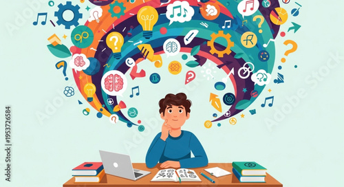 Illustration of a Man Overwhelmed with Ideas While Working at a Desk.