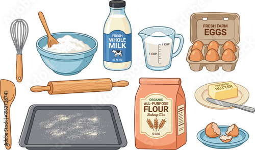 Collection of baking ingredients and kitchen tools, flour milk eggs butter flat vector illustration set