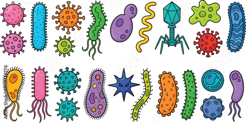 Large collection of colorful bacteria and virus icons, microbiology and germ cells flat vector illustration set