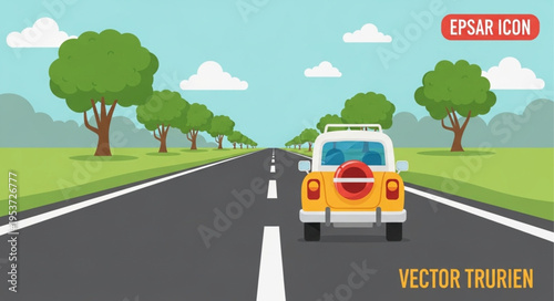 Yellow Car on Road Trip - A Vector Illustration of Travel.