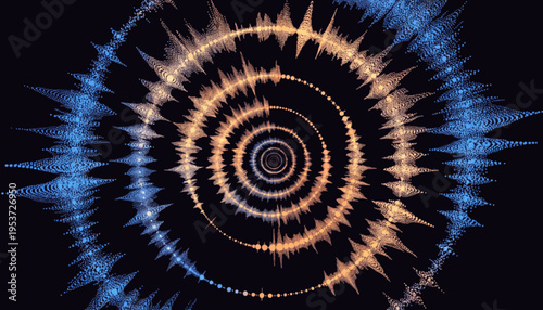 A vibrant vector graphic illustration of a spiral design with orange and blue colors on a black background