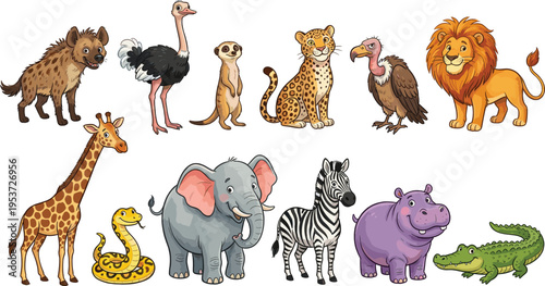 Collection of African safari animals, cute cartoon wildlife lion elephant giraffe zebra flat vector illustration