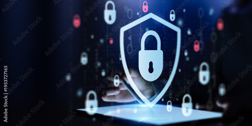 Fototapeta premium Digital Data Protection Interface Showing Secure Access and Cybersecurity Shield.