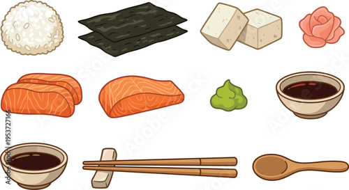 Japanese food ingredients set with salmon, rice, tofu, seaweed, and soy sauce, flat vector illustration