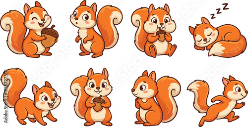 Set of cute cartoon squirrel characters in various poses with acorns, forest wildlife flat vector illustration