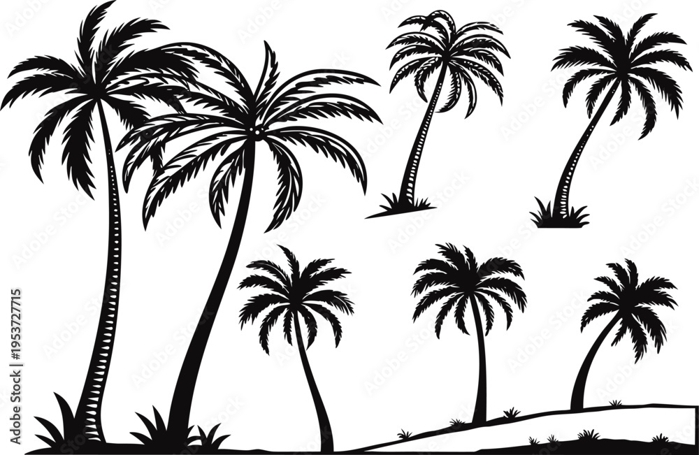 Fototapeta premium Black silhouettes of palm trees on white background 1