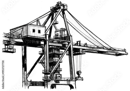 Detailed sketch of a large industrial gantry crane in a port or shipyard setting
