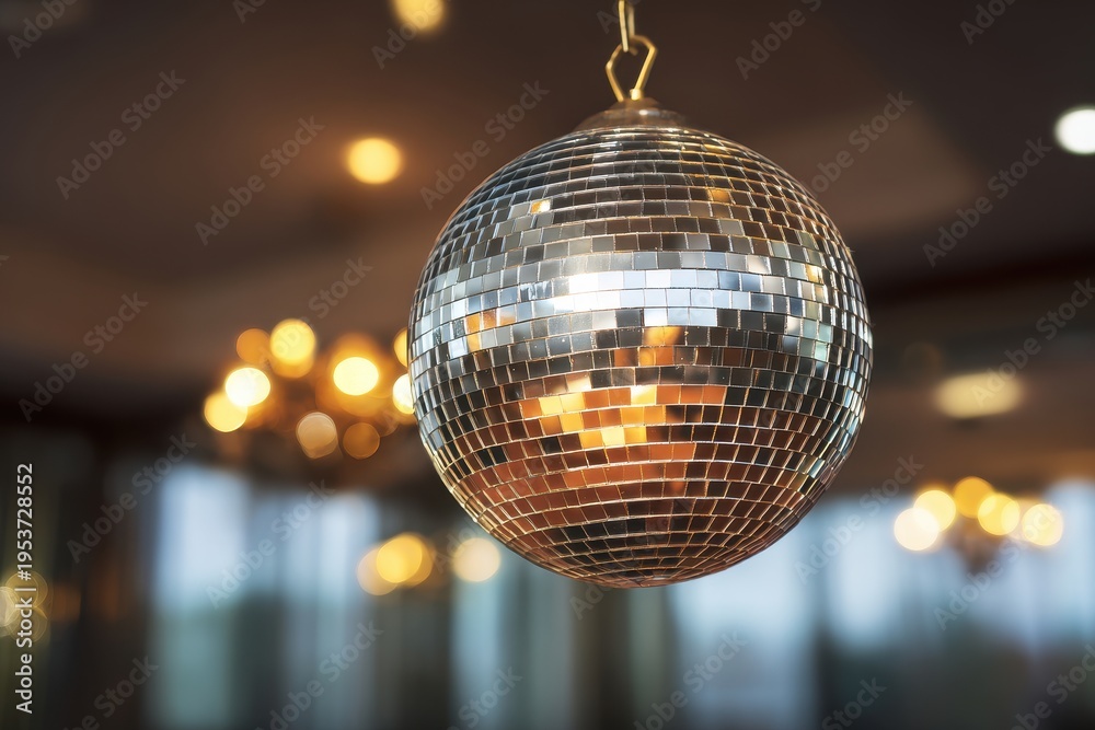 Obraz premium Close up of shimmering silver disco ball hanging indoors with soft warm bokeh lights in the background