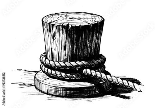 Wooden bollard with thick rope tied around it, ink sketch on white background