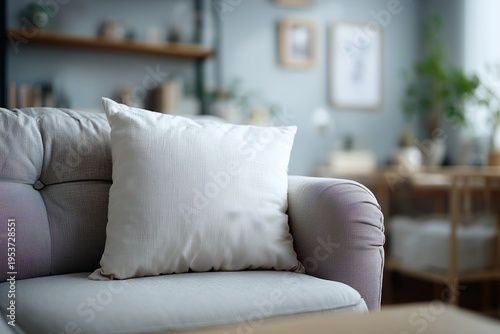 A soft white pillow on a textured grey sofa, set in a stylish, minimalist living room with natural light.