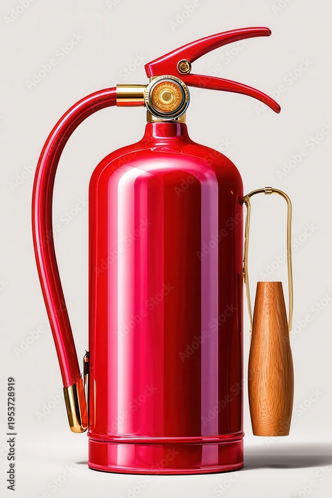 Obraz premium Red fire extinguisher on white background with glossy finish and wooden handle detail