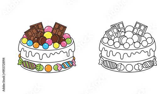 Colorful Sweet Birthday Cake with Candies and Chocolates Vector Illustration and Black and White Line Art Coloring Page for Children Activity Book isolated on White Background