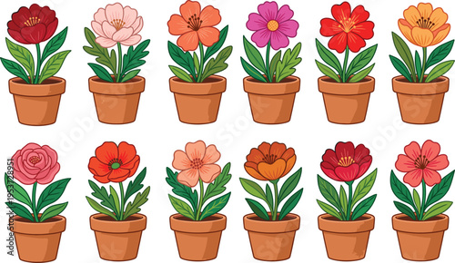 Set of colorful spring flowers in terracotta clay pots, garden plant collection, vector illustration