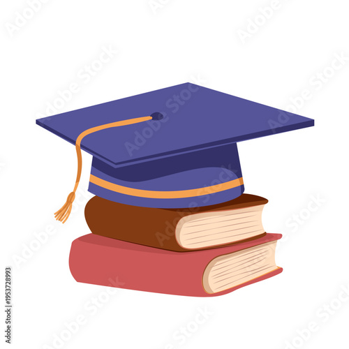 Graduation cap on a stack of books, flat vector illustration. Purple mortarboard with tassel on top of textbooks, academic success and higher education concept, university, college achievement symbol.
