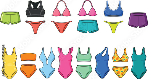 Set of various women swimwear and bikini styles for summer beach fashion, vector illustration