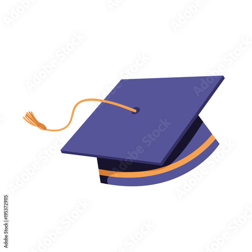 Graduation cap with tassel, flat vector illustration. Purple academic mortarboard with golden tassel isolated on white background, education success concept, university and college commencement