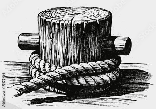 Close-up sketch of a wooden bollard with a thick rope tied around it
