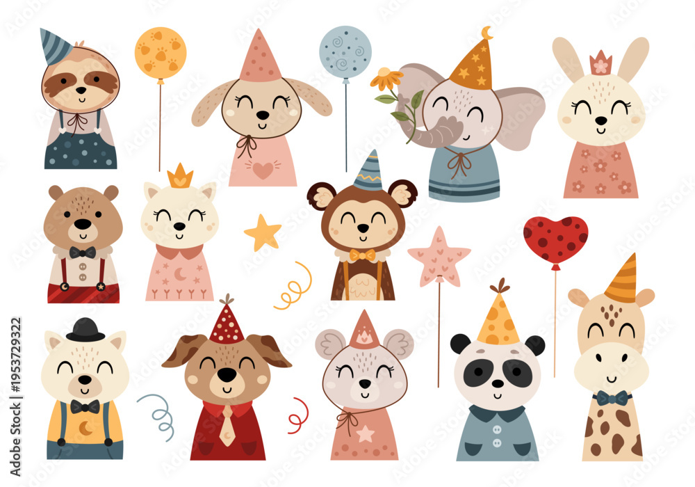 Naklejka premium Cute Birthday Animals Clipart Set. Cartoon Festive Characters Images. Kids Hand Drawn Vector Illustrations.