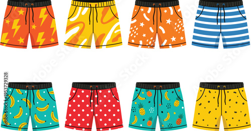 Set of colorful men swim trunks with various patterns for summer beach fashion, vector illustration