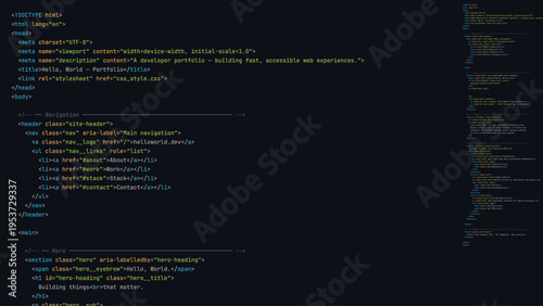 Modern Programmer Coding Screen with Hello World Program with Modern Programming Language Syntax Highlighting in Digital Code Editor Environment. Vector Illustration.